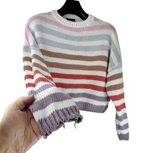 LUMIERE Women's LUXURY Crop Top Multi Color Striped Crew Neck Sweater Size S